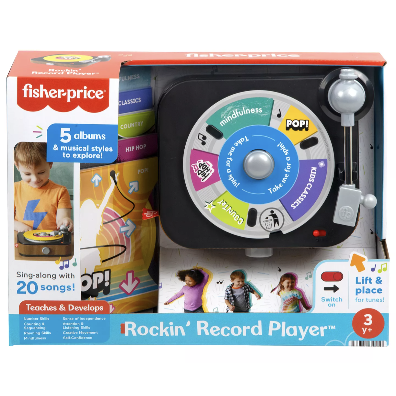 Fisher-Price Rockin' Record Player for ages 3+ features 5 albums in various musical styles and 20 sing-along songs. Encourages skills like counting, mindfulness, and self-confidence.