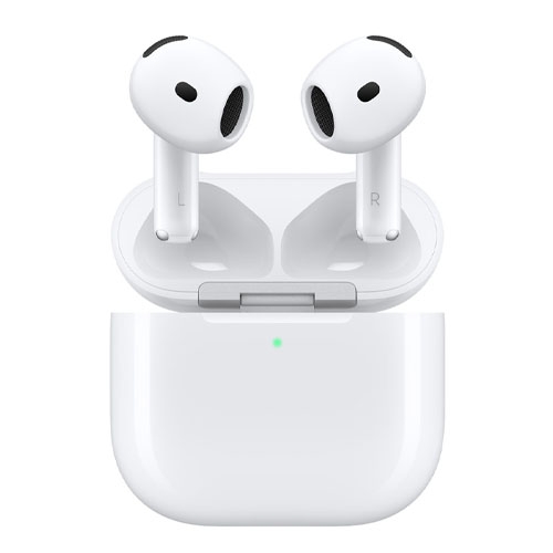 a pair of white airpod 4 heaphones and their white charging case
