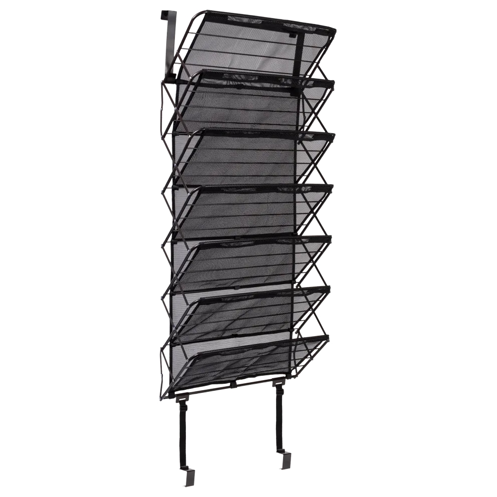 Over-the-door shoe rack with six black mesh shelves, designed for hanging on a door to organize shoes. It features metal hooks at the top for secure attachment and support straps at the bottom for stability.