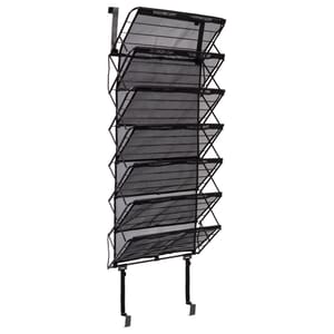 Over-the-door shoe rack with six black mesh shelves, designed for hanging on a door to organize shoes. It features metal hooks at the top for secure attachment and support straps at the bottom for stability.