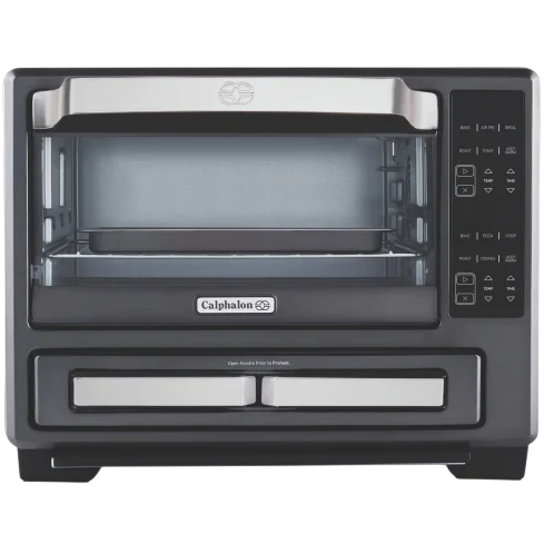 Calphalon Quartz Heat countertop toaster oven with digital controls, featuring multiple cooking functions and a sleek stainless steel design.