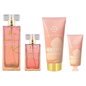 Nanette Lepore Soulful fragrance set includes two perfume bottles, a body lotion, and a hand lotion.