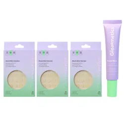 The photo shows three boxes of 40-count blemish patches and a tube of serum, all from Glossmetics.