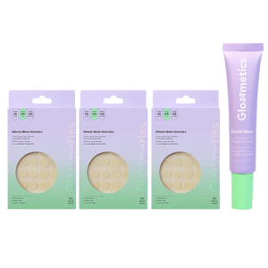 The photo shows three boxes of 40-count blemish patches and a tube of serum, all from Glossmetics.