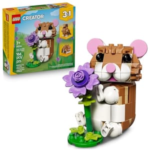 LEGO Creator 3-in-1 set featuring a buildable hamster holding a purple flower, with packaging shown. Contains 166 pieces and is suitable for ages 7 and up.