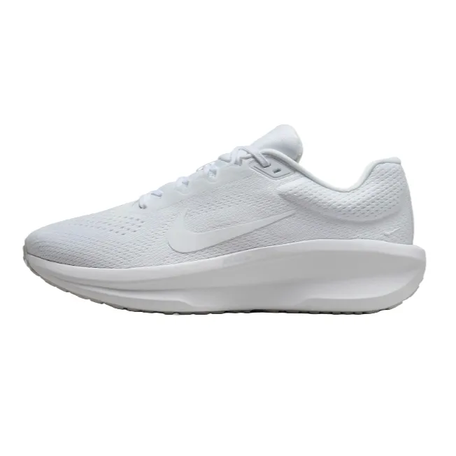 Nike Men's Winflo 11 Shoes are all-white athletic sneakers featuring a mesh upper for breathability, a cushioned midsole for comfort, and the signature swoosh logo on the side. Ideal for running and everyday wear.