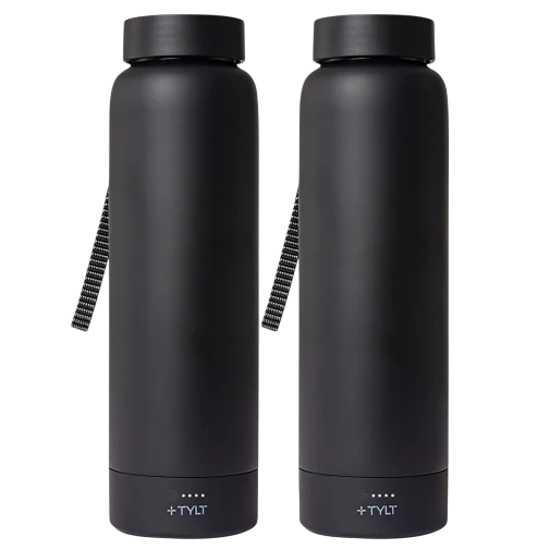 Two black water bottles with lids and striped carrying straps, featuring the brand \“TYLT\“ at the bottom.