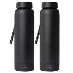 Two black water bottles with lids and striped carrying straps, featuring the brand \“TYLT\“ at the bottom.