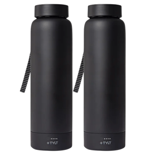 Two black water bottles with lids and striped carrying straps, featuring the brand \“TYLT\“ at the bottom.