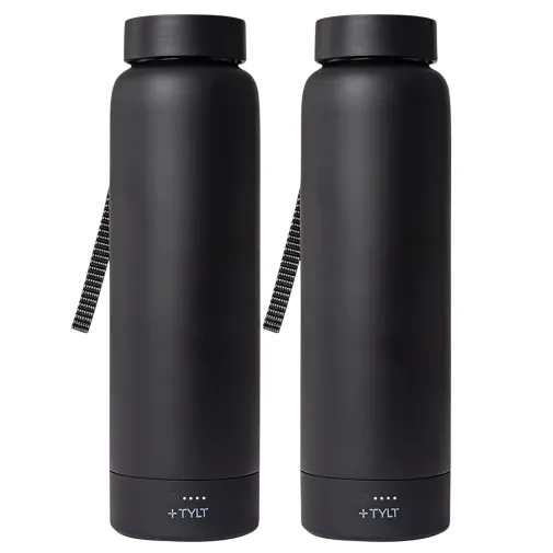 Two black water bottles with lids and striped carrying straps, featuring the brand \“TYLT\“ at the bottom.
