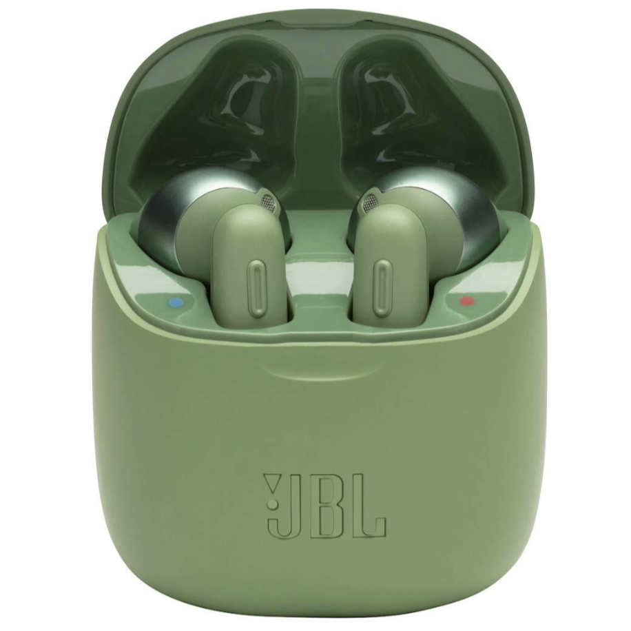 JBL wireless earbuds in a green charging case with a flip-top lid, showcasing LED indicators for left and right earbuds.