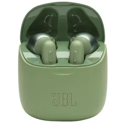 JBL wireless earbuds in a green charging case with a flip-top lid, showcasing LED indicators for left and right earbuds.