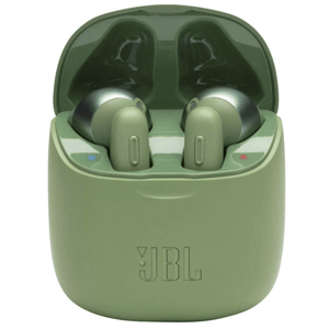 JBL wireless earbuds in a green charging case with a flip-top lid, showcasing LED indicators for left and right earbuds.