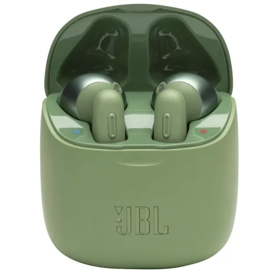 JBL wireless earbuds in a green charging case with a flip-top lid, showcasing LED indicators for left and right earbuds.