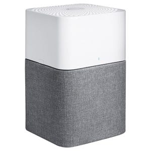 A rectangular air purifier with a white top and textured gray fabric base. It features a minimalist design suitable for large rooms.