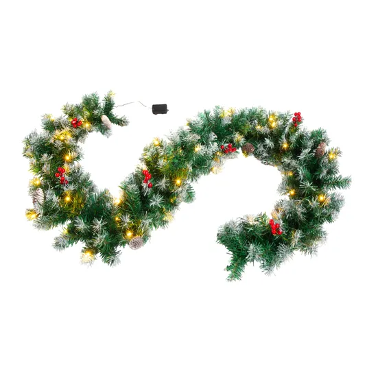 Cordless garland with attached lights, features no assembly and no plug-in required; just add batteries.