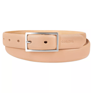 A beige leather belt with a rectangular silver buckle, featuring the Calvin Klein logo embossed on the strap.