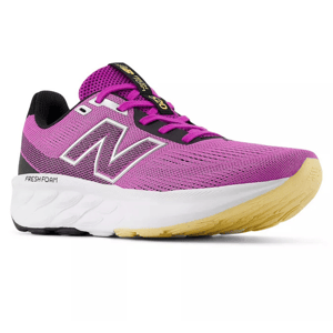 New Balance Fresh Foam 520 v9 shoes feature a vibrant pink mesh upper, large white \“N\“ logo, and a white Fresh Foam midsole with a yellow rubber outsole for comfort and traction, designed for running.