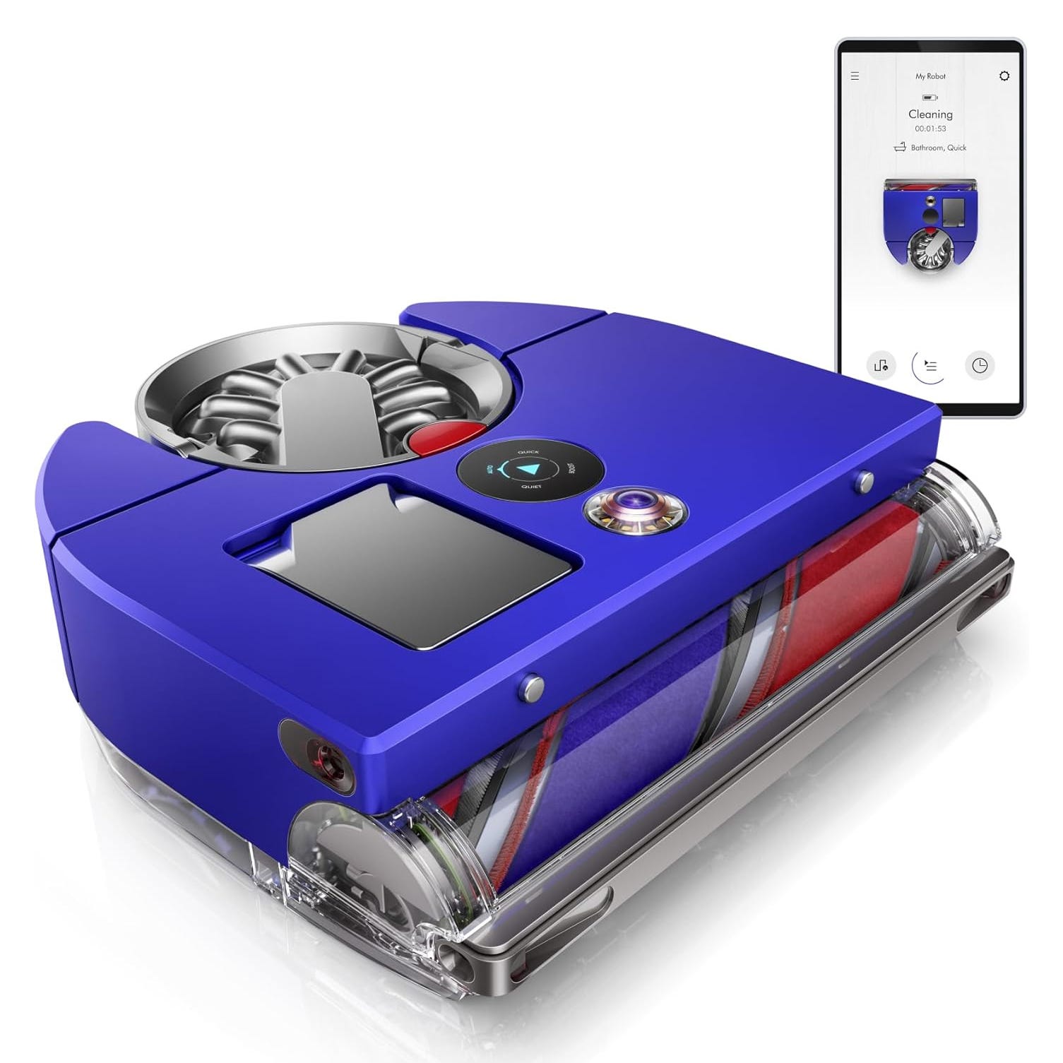 A blue robotic vacuum cleaner with a cylindrical brush and a companion smartphone app interface for remote control and monitoring.
