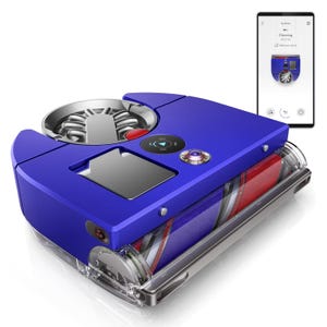 A blue robotic vacuum cleaner with a cylindrical brush and a companion smartphone app interface for remote control and monitoring.
