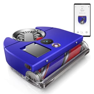 A blue robotic vacuum cleaner with a cylindrical brush and a companion smartphone app interface for remote control and monitoring.
