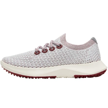 A light gray and maroon knit sneaker featuring a textured sole and lace-up design for casual wear.