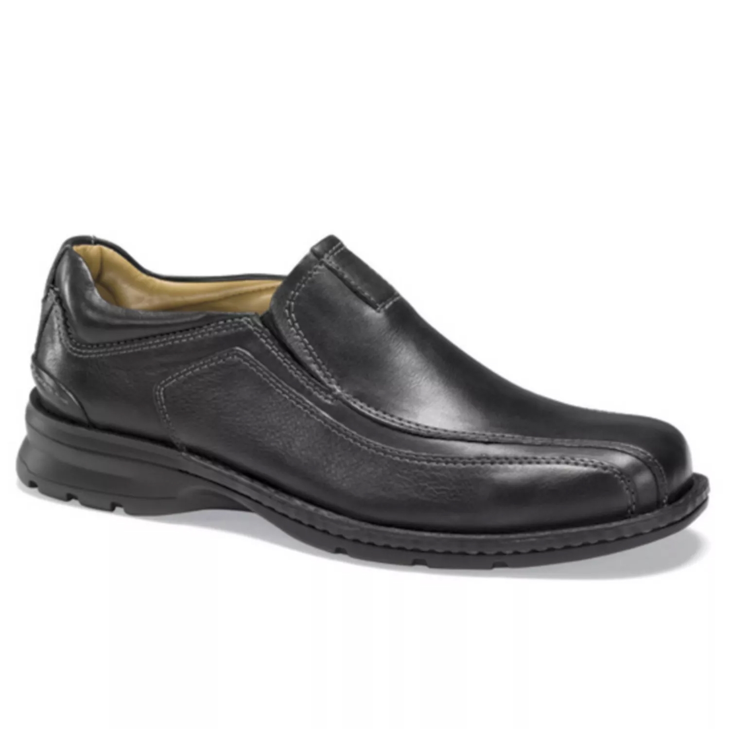Black leather slip-on dress shoe with a rounded toe and cushioned sole, featuring visible stitching for added design detail.