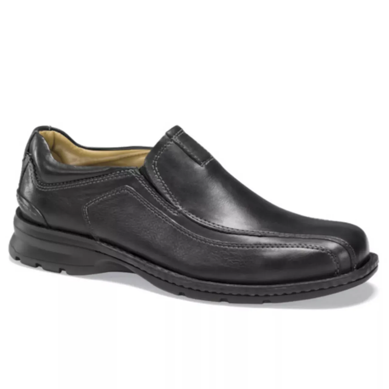 Black leather slip-on dress shoe with a rounded toe and cushioned sole, featuring visible stitching for added design detail.
