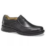 Black leather slip-on dress shoe with a rounded toe and cushioned sole, featuring visible stitching for added design detail.
