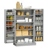 A gray kitchen pantry cabinet with assorted jars, bottles, canned goods, and spices is neatly organized on shelves and side doors. Various bowls, a roll of food wrap, and storage tins complete the setup.
