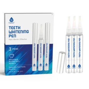 A box of three teeth whitening pens labeled \“Fast, Gentle, Effective\“ with each pen containing enzyme gel for brightening and whitening teeth.