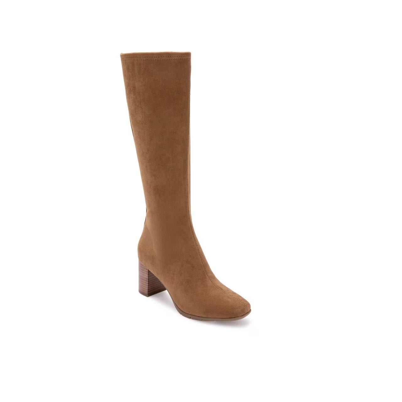 Brown knee-high boot with a block heel and a suede-like texture.