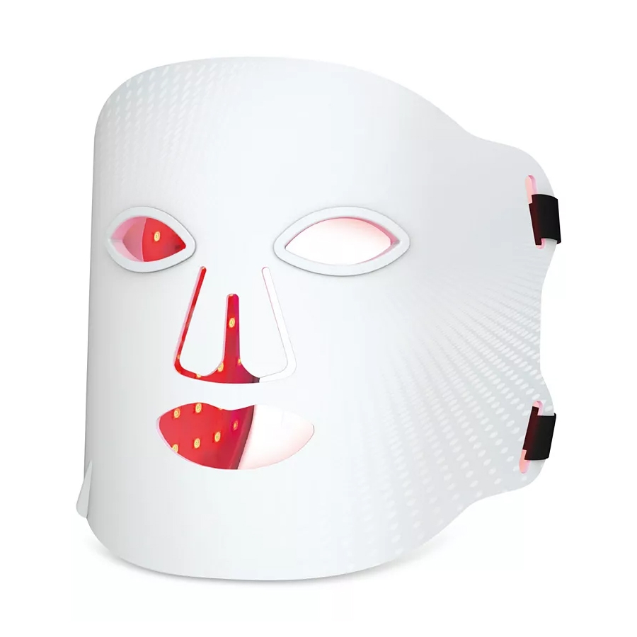 A white LED light therapy face mask with red light detailing and cutouts for the eyes, nose, and mouth.