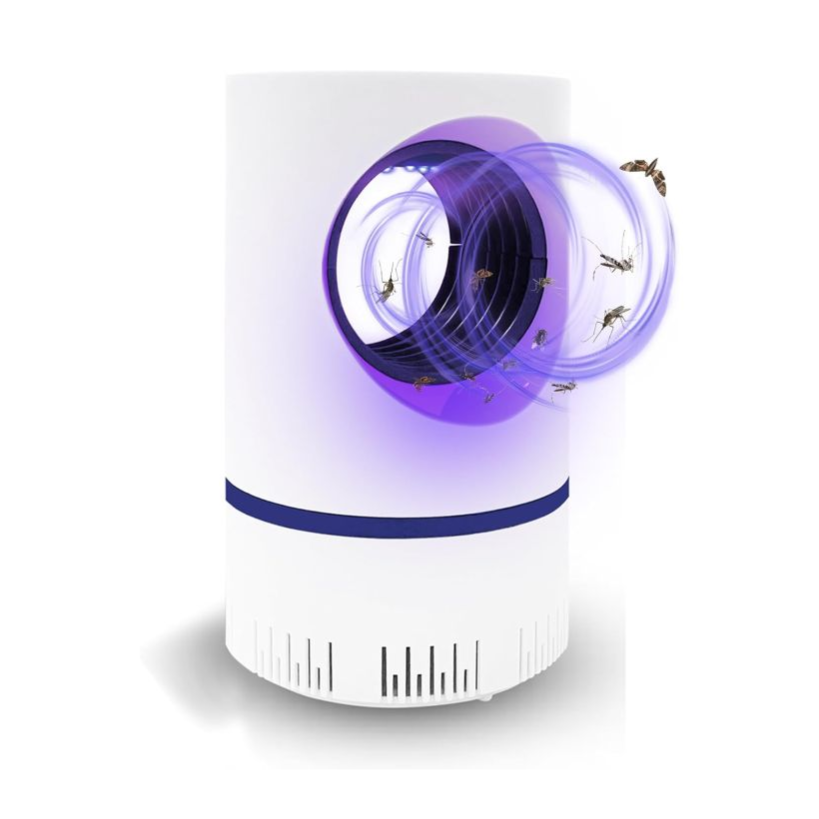 A cylindrical mosquito trap features a UV light to attract insects and a fan mechanism to suck them in.
