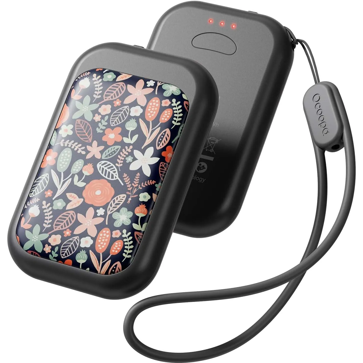 A compact, floral-patterned electric hand warmer with a grey frame, featuring dual units, LED indicators, and an attached strap.