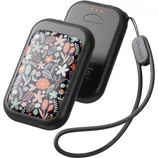 A compact, floral-patterned electric hand warmer with a grey frame, featuring dual units, LED indicators, and an attached strap.