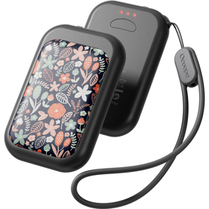 A compact, floral-patterned electric hand warmer with a grey frame, featuring dual units, LED indicators, and an attached strap.
