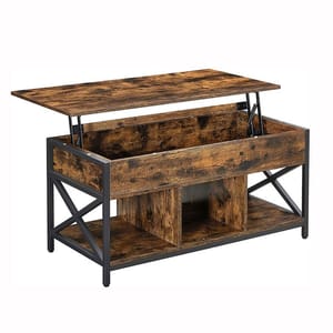 A rustic-style coffee table with a lift-top design and metal frame, featuring hidden storage space and lower shelf.