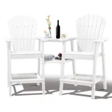 A white, tall Adirondack-style chair set with a built-in table, featuring a wine bottle, glass, vase with flowers, and a tray with cherries, suitable for outdoor use.
