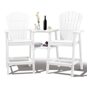 A white, tall Adirondack-style chair set with a built-in table, featuring a wine bottle, glass, vase with flowers, and a tray with cherries, suitable for outdoor use.