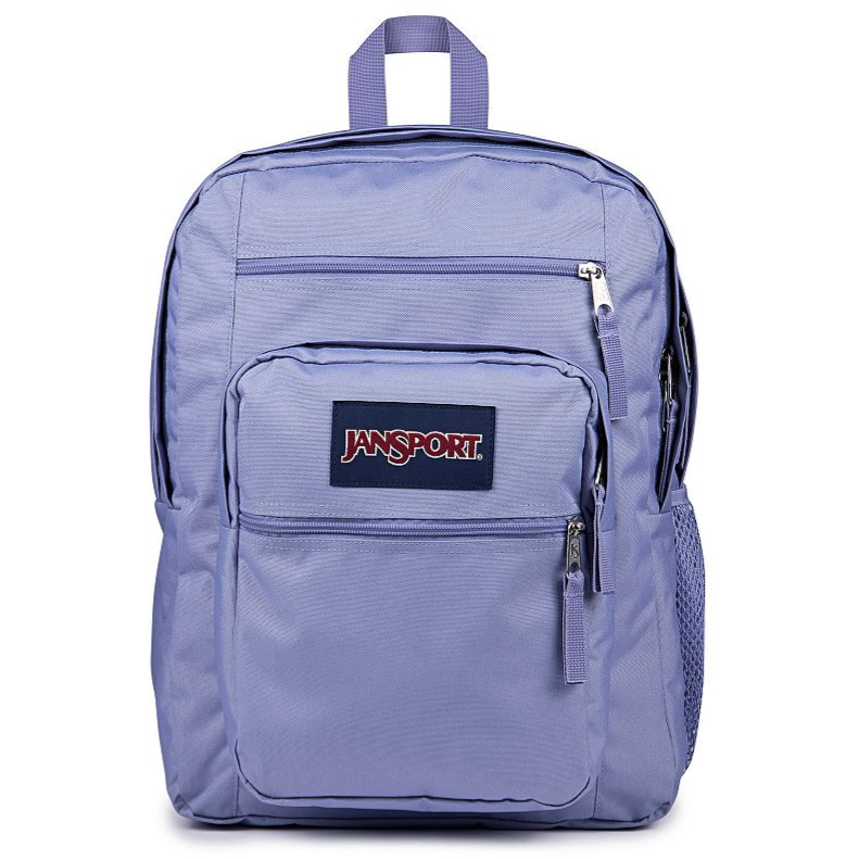 A light purple Jansport backpack with multiple compartments, including a front zipper pocket and side mesh pocket, featuring a Jansport logo patch on the front.