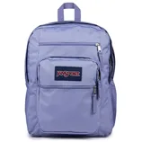 A light purple Jansport backpack with multiple compartments, including a front zipper pocket and side mesh pocket, featuring a Jansport logo patch on the front.