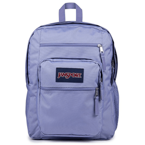 A light purple Jansport backpack with multiple compartments, including a front zipper pocket and side mesh pocket, featuring a Jansport logo patch on the front.