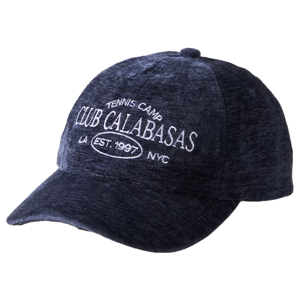 Dark denim baseball cap with \“Tennis Camp Club Calabasas LA NYC Est. 1997\“ embroidered in white text.