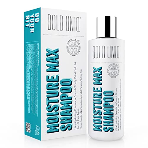 A bottle of BOLD UNIQ Moisture Max Shampoo is displayed alongside its teal and white packaging, highlighting its paraben-free formulation.