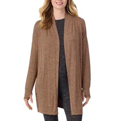 A woman is wearing a long, brown open-front cardigan over a dark gray top and leggings.