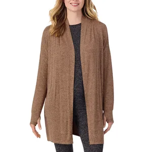 A woman is wearing a long, brown open-front cardigan over a dark gray top and leggings.