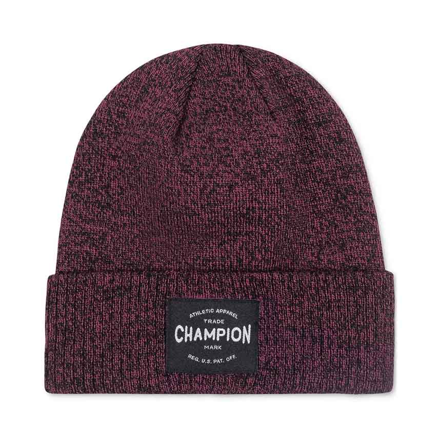 Champion Men's Roxbury Cuffed Beanie is a maroon-black speckled knit hat featuring a folded brim with a black patch displaying the Champion logo and trademark details.
