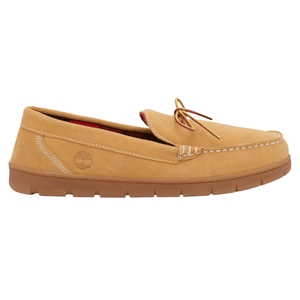 Tan suede moccasin with a rubber sole, featuring white stitching and a small tree logo on the side.