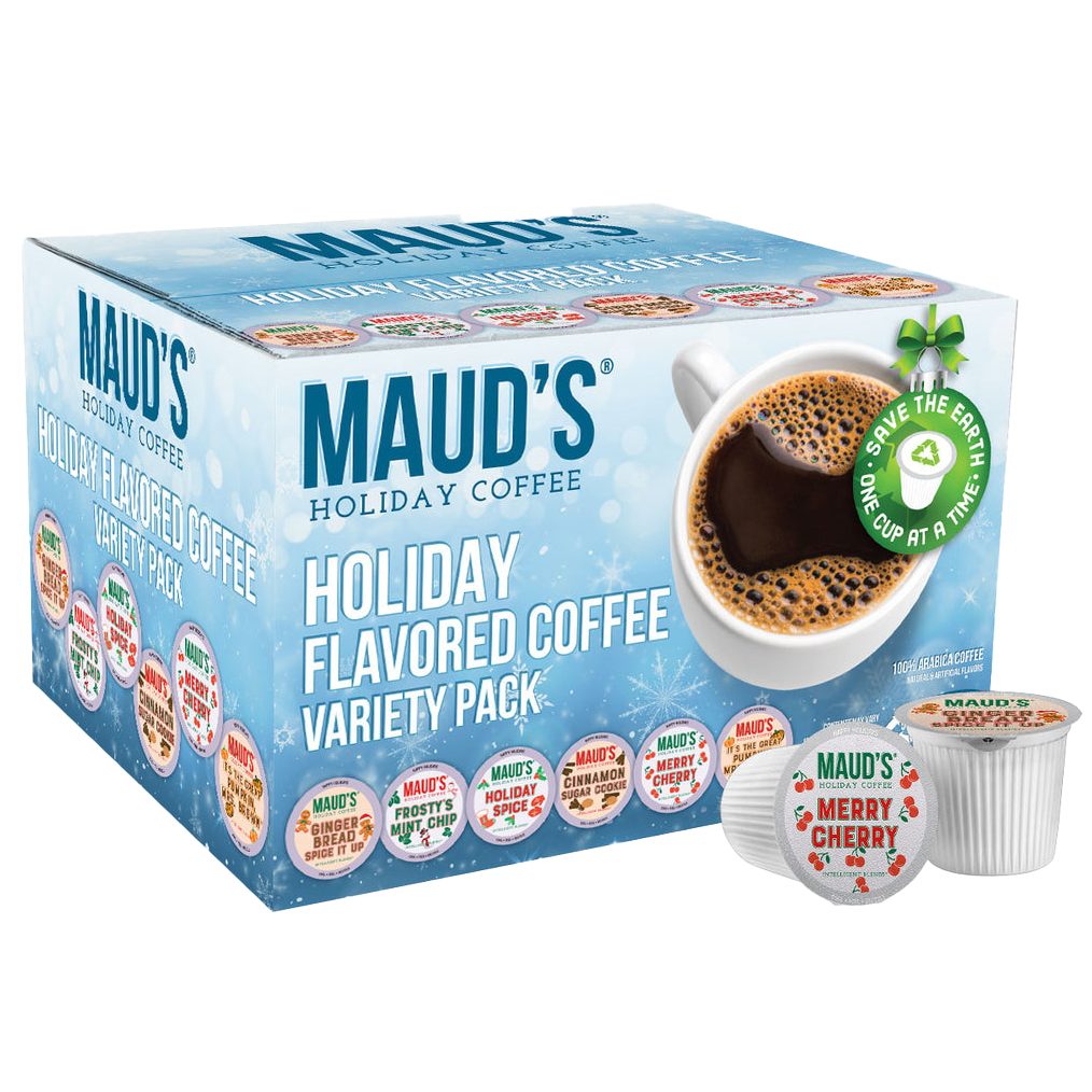 A box of Maud's Holiday Coffee, featuring a variety pack of 42 flavored coffee pods, with flavors such as \“Merry Cherry.\“